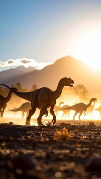 Plateosaurus herd migration across prehistoric landscape at sunset silhouette