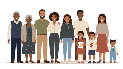 Obraz premium Diverse Multi-Generational Family Portrait Vector Illustration. Large Happy Group of People Standing Together. Inclusivity, Community, and Togetherness Concept.