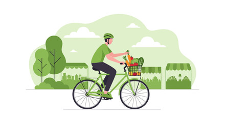 Naklejka premium Eco-friendly delivery: Man on bicycle with groceries in basket, urban market background