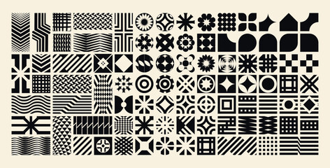 Large set of black and white y2k geometric abstract shapes, minimalist vector elements, and Swiss design symbols for modern graphic patterns. © Vallabh soni