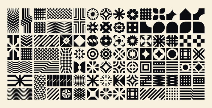 Large set of black and white y2k geometric abstract shapes, minimalist vector elements, and Swiss design symbols for modern graphic patterns.
