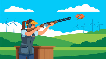A skilled shooter takes aim at a clay target amidst a vibrant landscape of green fields and wind turbines, showcasing the sport of shooting. The moment captures focus and precision. © Zejun