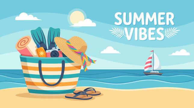A cheerful beach bag packed with summer essentials, evoking feelings of relaxation, vacation, and enjoyment associated with summertime adventures by the sea.