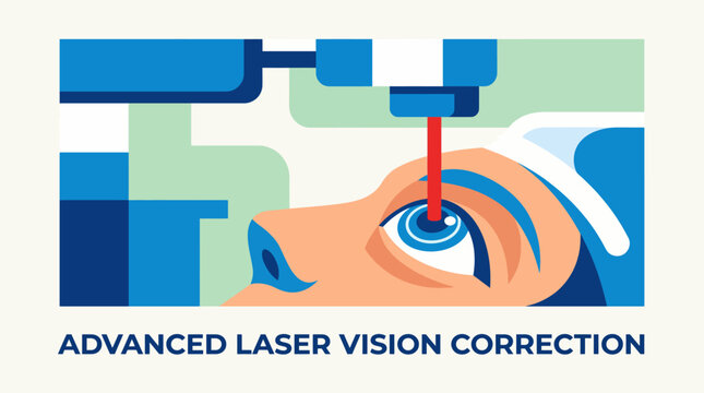 A patient undergoing advanced laser vision correction is shown, focusing on the laser equipment aimed at the eye, illustrating medical technology's role in improving vision clarity and quality.