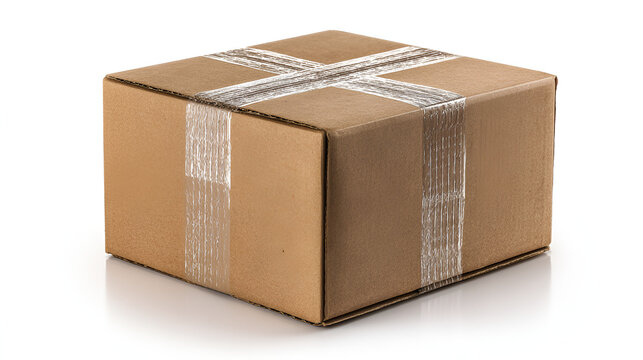 Isolated brown corrugated cardboard box with clear packing tape for shipping and storage