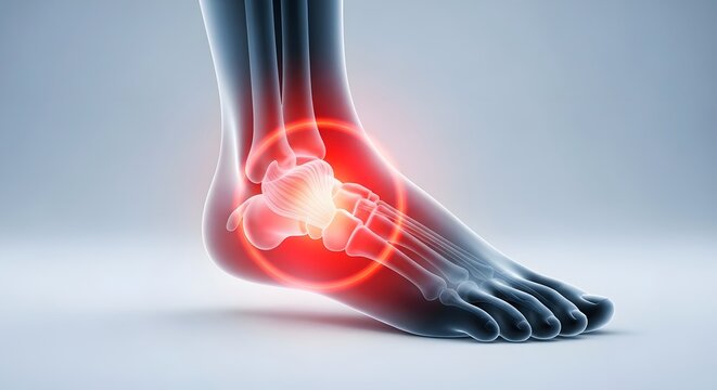Ankle joint inflammation and bone anatomy. Orthopedic foot injury and sprain concept. X-ray style 3D illustration of a glowing red painful ankle bone and ligaments