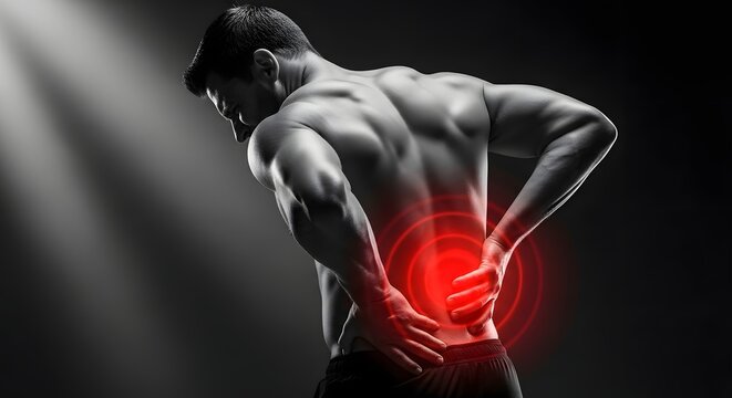 Lower back pain and spinal muscle strain. Kidney area ache and musculoskeletal tension. Shirtless man from behind holding his lower back with red target circles of pain