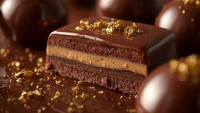 Gourmet Chocolate Square Cake with Gold Leaf, Luxury Dessert, Close-up