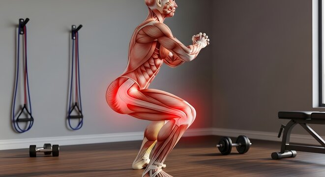 Muscle strain during leg exercise and squats. Sports injury and anatomy concept. Transparent muscular system of a person squatting in a gym with red pain zones