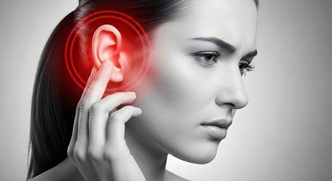 Tinnitus and inner ear pressure symptoms. Audiology and sensory health concept. Black and white portrait of a woman touching her ear with concentric red circles