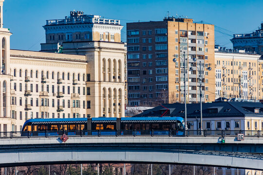 Vityaz-M tram against the backdrop of the Stalinist skyscraper on Kotelnicheskaya Embankment in Moscow