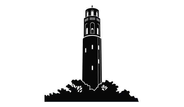 A stark black and white silhouette depicts sather tower at the university of california berkeley standing prominently against a plain white background high quality