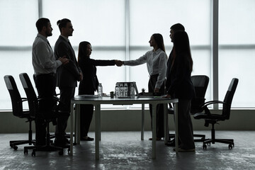 Silhouettes of business people shaking hands at table in office