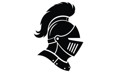 A striking black silhouette depicts the profile of a medieval knight wearing a full helmet and flowing textured hair high quality professional detailed modern © ARSM D