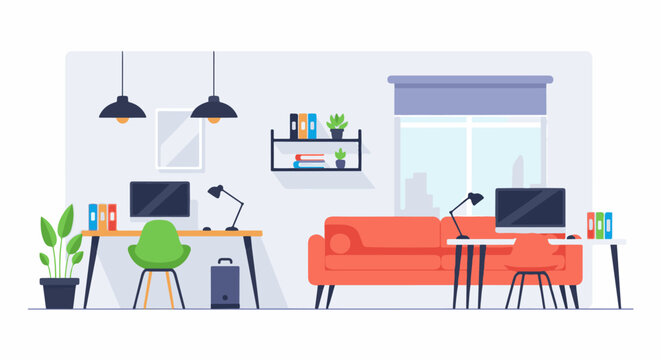 Modern Home Office Setup with Desks and Sofa.