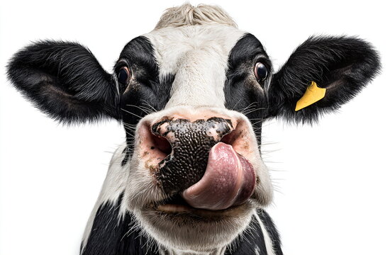 black and white dairy cow licking its mouth, closeup portrait of holstein cow with tongue out, funny cow face isolated on white background