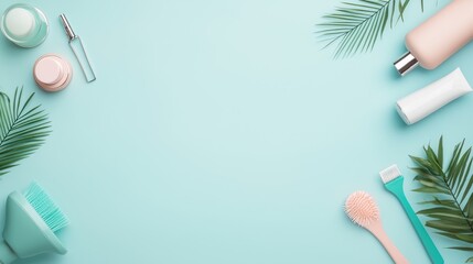 Beauty salon workspace with neatly arranged hair products, tools, and styling essentials.