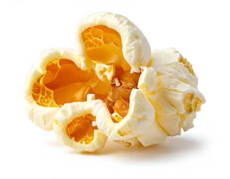 Minimalist macro food photography of a single fluffy piece of popped white and yellow popcorn completely isolated on white.