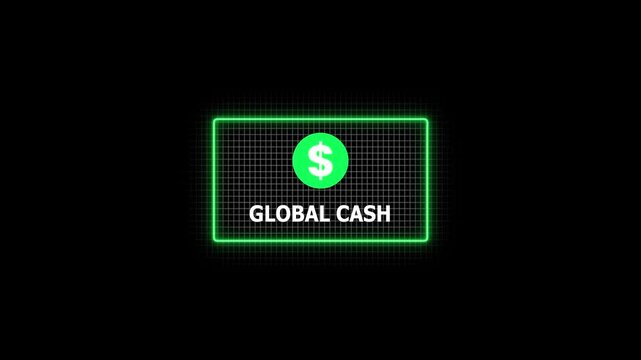 Digital cash card animation featuring global currency symbol in modern green grid for financial technology and online transactions