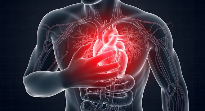 Human heart anatomy and cardiovascular system health. Chest pain and myocardial infarction concept. Man holding chest with glowing red heart during cardiac arrest