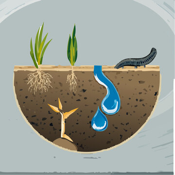Soil cross section with plants roots worm and underground elements.