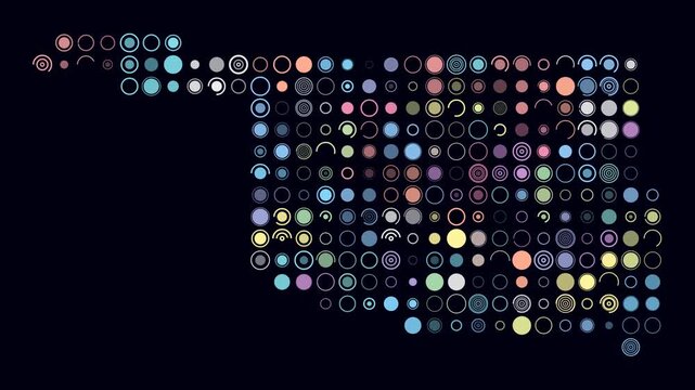 Oklahoma animated shape. Pulsating colored dots on the map of the state. Large size circle blocks. Digital style Oklahoma map on dark background. Beautiful animation video.