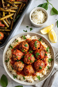 Alb&oacute;ndigas en salsa de tomate sobre arroz blanco servidas con jud&iacute;as verdes y lim&oacute;n