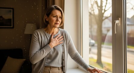 Fototapeta premium Anxious middle aged woman feeling chest pain standing by the window.