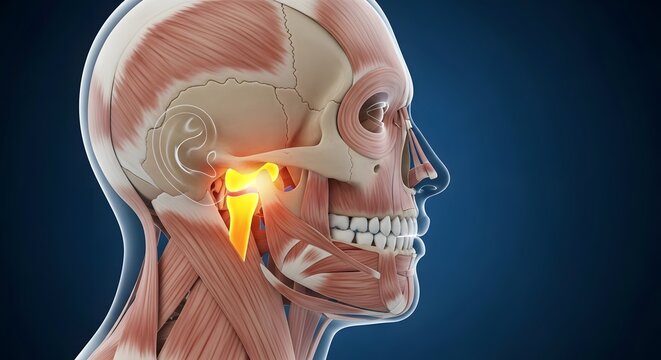 Anatomical 3D model of temporomandibular joint TMJ jaw pain. Dental health and facial muscle inflammation. Human skull profile showing glowing pain at the jaw hinge