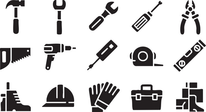 Black and white vector illustration of various hand tools and construction equipment icons