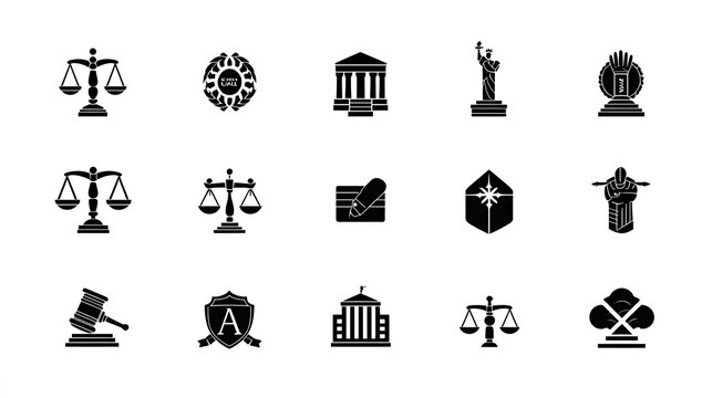Law and Justice solid icon set. Includes symbols for Scales of Justice, Gavel, Cyber Law, and Anti-corruption. Solid vector icons for legal consultancy, court system, and regulatory compliance.