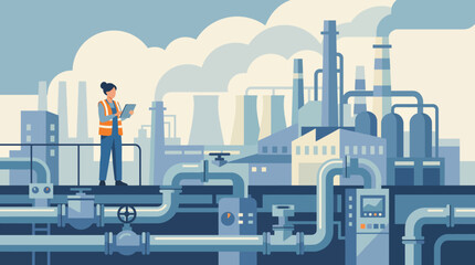 An engineer stands confidently in safety gear, overseeing operations at an industrial site, capturing the essence of efficiency and progress in a modern industrial environment. © Hui