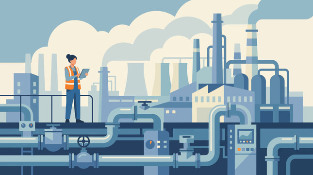 An engineer stands confidently in safety gear, overseeing operations at an industrial site, capturing the essence of efficiency and progress in a modern industrial environment.