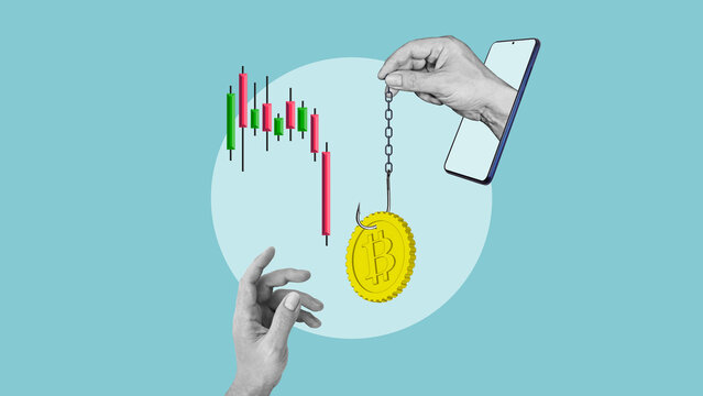 Bitcoin phishing scam concept with falling candlestick chart, crypto fraud trap and market crash manipulation, digital finance risk and cybersecurity threat