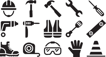 Fototapeta premium Vector graphic illustration of various construction tools and safety equipment in black silhouettes on a white background for design and engineering projects