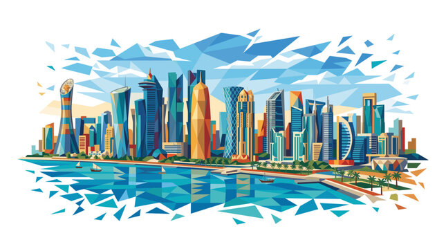 Vibrant, abstract illustration of the Doha skyline with modern skyscrapers reflected in the water.