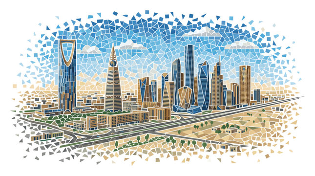 A vibrant mosaic artwork depicting the modern skyline of Riyadh, Saudi Arabia, with its iconic skyscrapers and desert landscape.