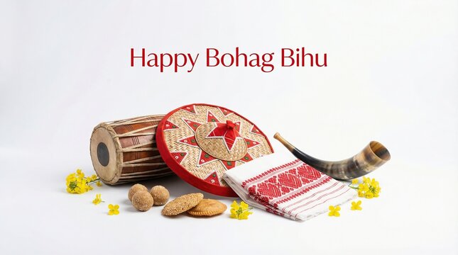 Happy Bohag Bihu Festival Background with Assamese Dhol Pepa and Gamusa on White with Copy Space

