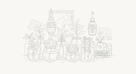 Naklejka premium Hand-drawn illustration of various plants in glass jars, a minimalist home decor concept