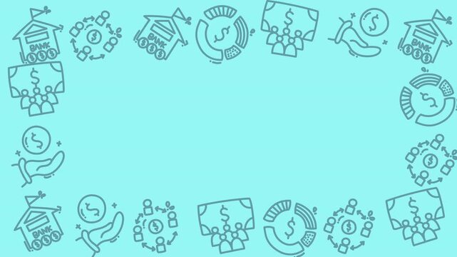 Light blue background with financial icons arranged around border. Icons depict money, people, growth, and business concepts. Simple outlines suggest economy, teamwork, and success
