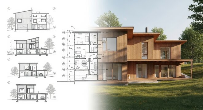 Architectural Blueprint and Modern House Design Overlay.