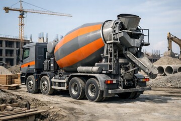 Obraz premium Concrete Mixer Truck on a Busy Construction Site with Crane and Building