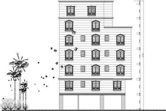 Professional AutoCAD Drafting for a Vintage Style Hotel Building Featuring Detailed Classic Architecture Facade Layers and Old Building Material Textures