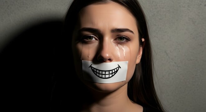 Hidden depression and mental health awareness concept. Psychology and emotional suppression. Sad crying woman with tears on her face wearing a paper mask with a drawn happy smile
