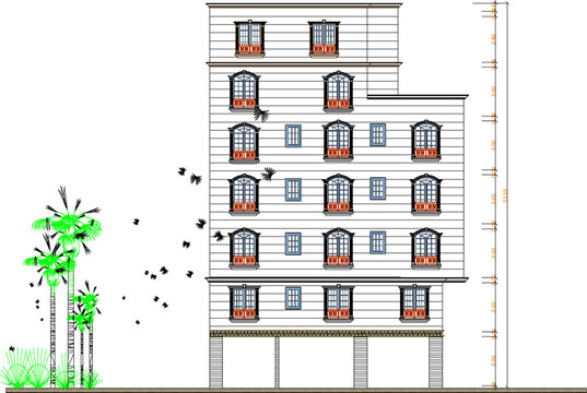 Professional AutoCAD Drafting for a Vintage Style Hotel Building Featuring Detailed Classic Architecture Facade Layers and Old Building Material Textures