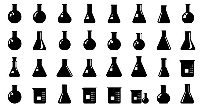 Collection of various laboratory glassware silhouettes including round bottom flasks erlenmeyer flasks and beakers isolated on a white background representing science and research