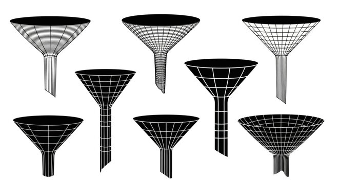 Collection of various wireframe funnel diagrams illustrating data processing filtration and conceptual organization with clean grid patterns on a stark white background