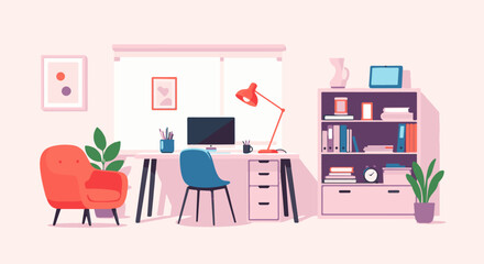Naklejka premium Modern Home Office Setup with Desk and Bookshelf 1.