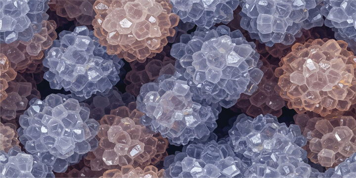 Interlocking translucent hexagonal clusters of silica gel, with an array of cool blues and warm browns creating a detailed scientific texture.