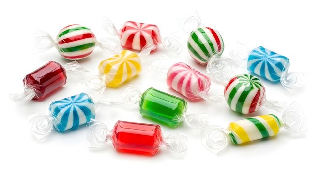 Assorted colorful hard and chewy candy selection on a neutral background
